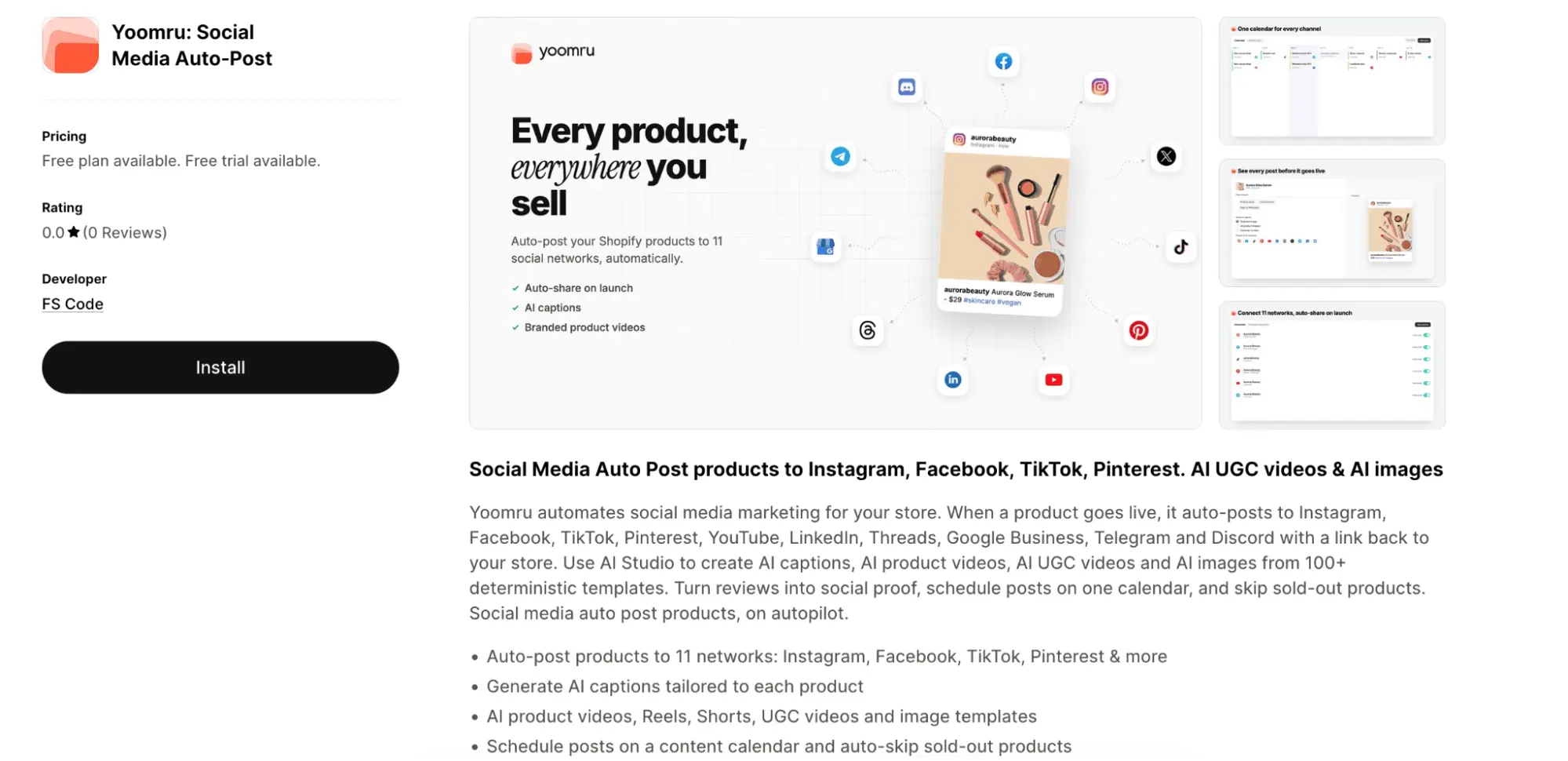 Yoomru Social Media Auto-Post listing on the Shopify App Store showing 11-network auto-posting, AI captions, and a free plan