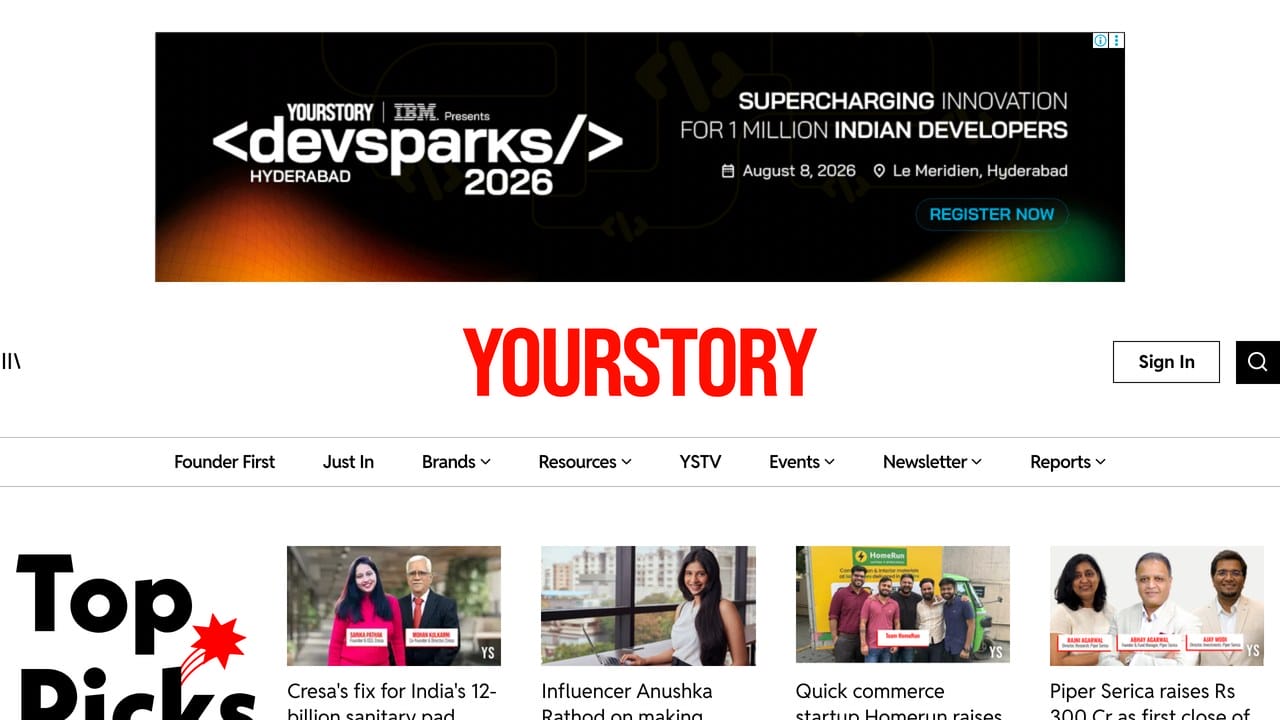 YourStory homepage with startup coverage and the DevSparks developer event banner.