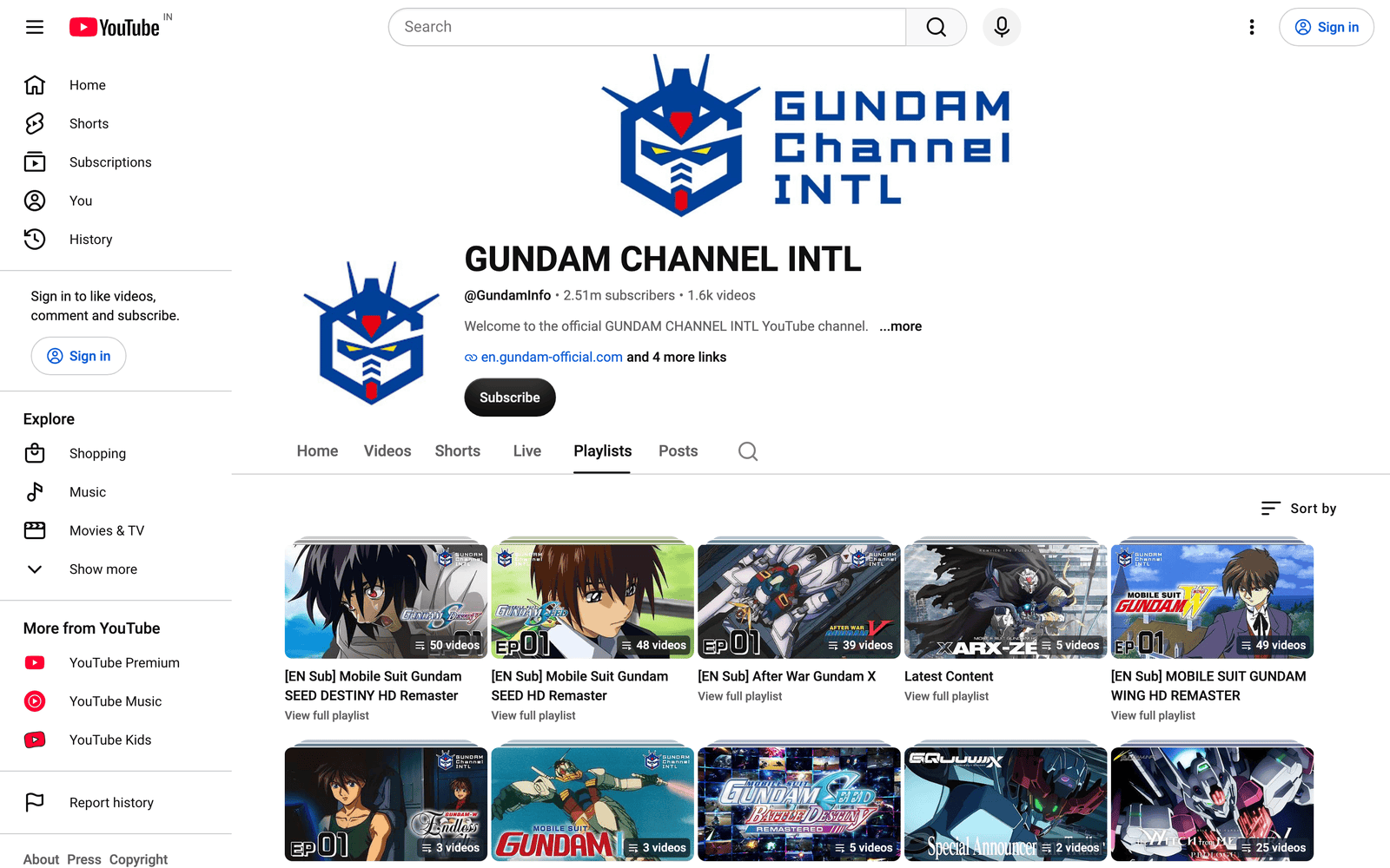 Official Gundam Channel International YouTube playlists with licensed anime episodes