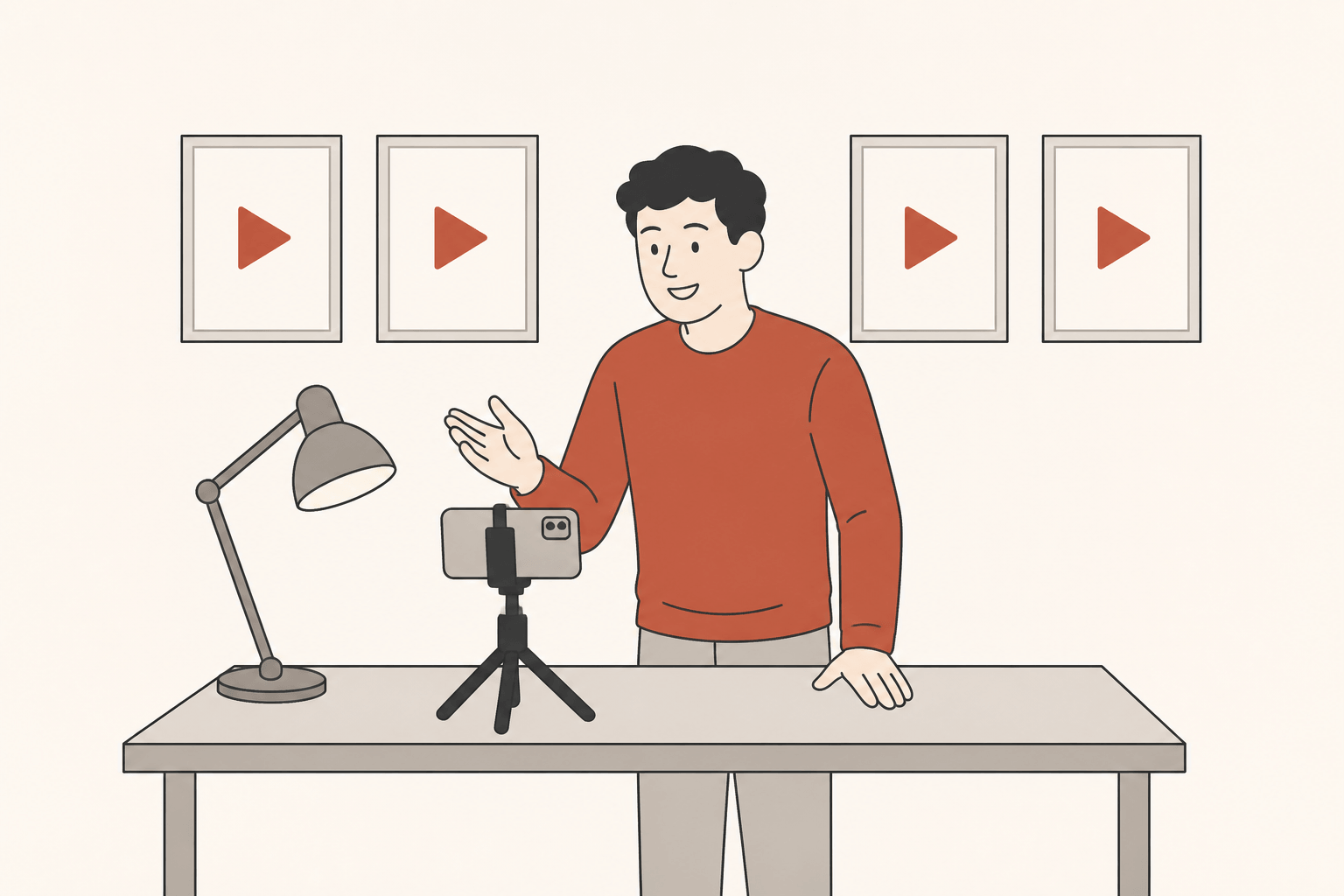 A creator films with a phone on a tripod in a small home setup, with a wall of framed play-button videos behind
