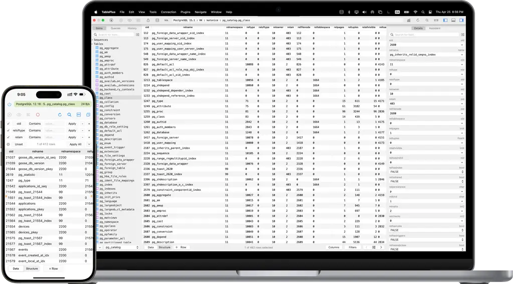 TablePlus displaying database tables on a Mac and an iPhone.