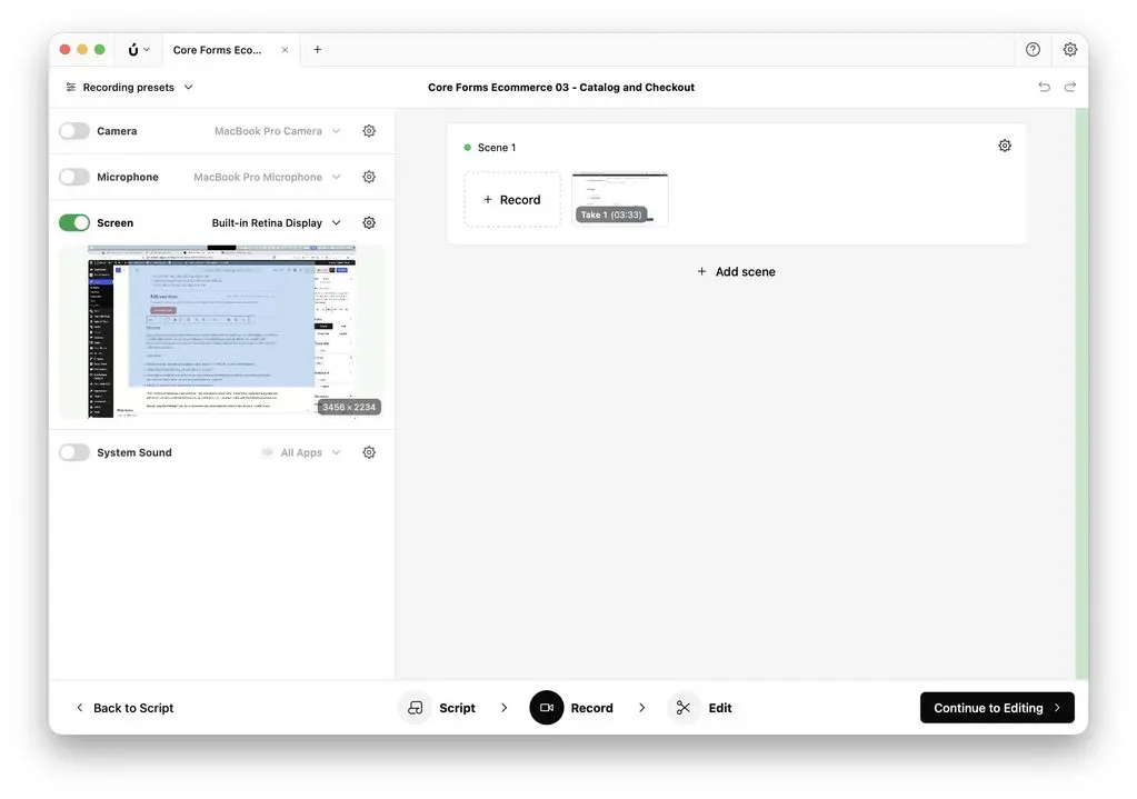 Borumi recording workspace with a screen capture, scene controls and a recorded take for a Core Forms tutorial.