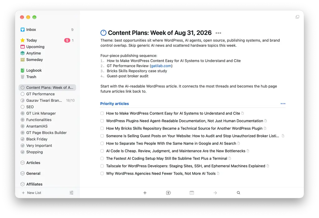 Things project showing a weekly content plan and a list of priority articles.