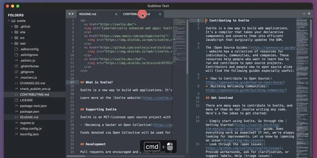 Sublime Text showing project files and two Markdown documents in a split editor.