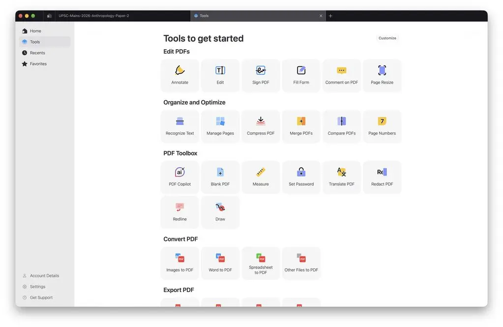 PDF editor toolbox with annotation, text editing, signing, form filling, OCR and page-management options.