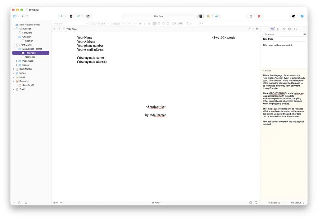 Scrivener manuscript project with a binder of chapters and research beside a title-page template.
