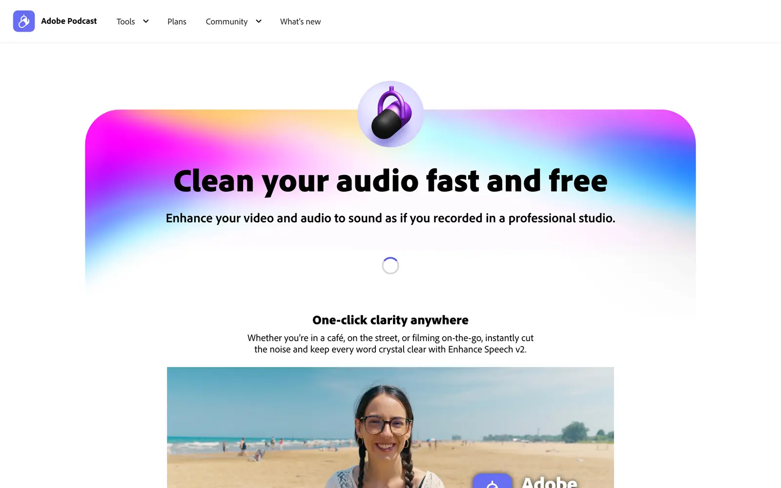 Enhance Speech page on Adobe Podcast with the upload area and the line that it cleans audio fast and free