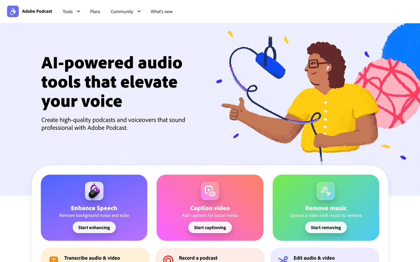 Adobe Podcast home page listing Enhance Speech, caption video, remove music, transcribe, record a podcast and edit audio and video as browser tools