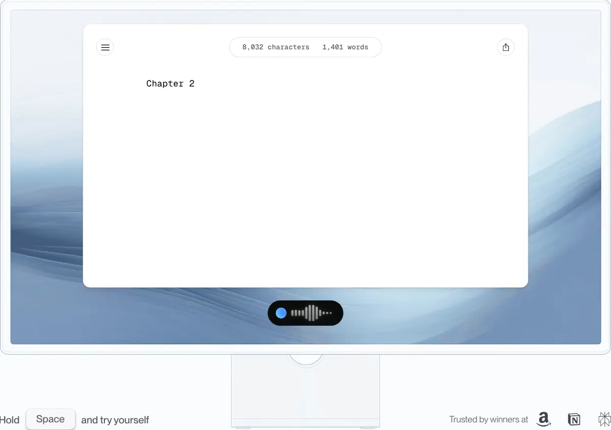 Aqua Voice desktop demonstration with a document and recording waveform