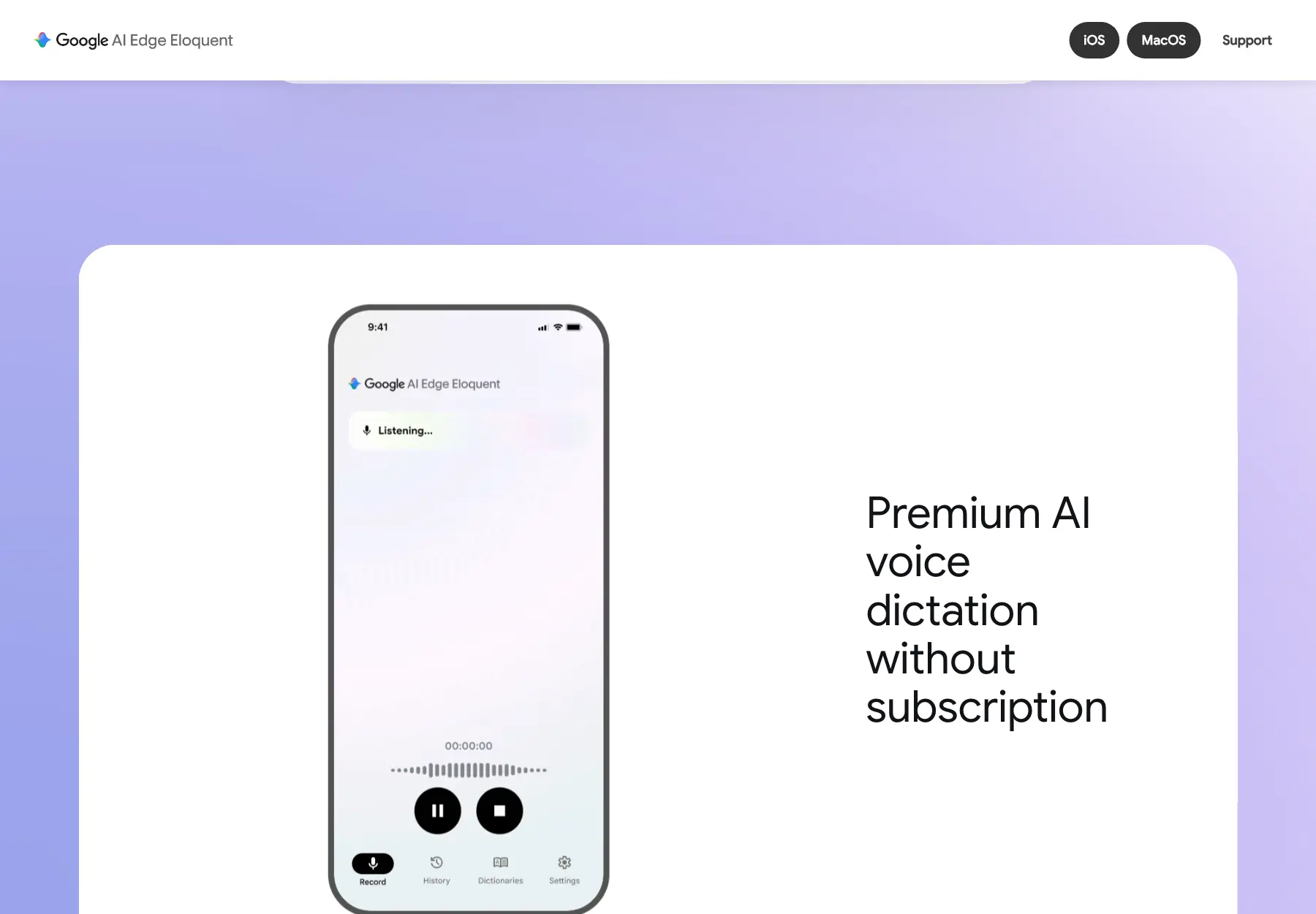 Google AI Edge Eloquent iPhone interface with recording controls