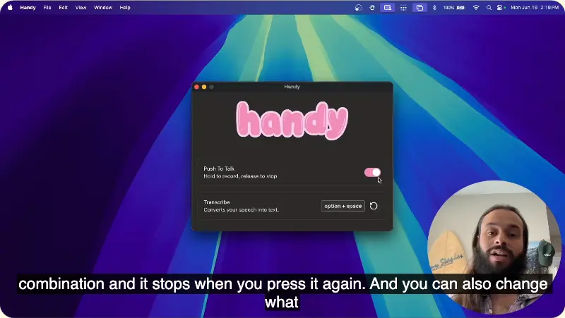 Handy settings showing Push To Talk and the transcription shortcut