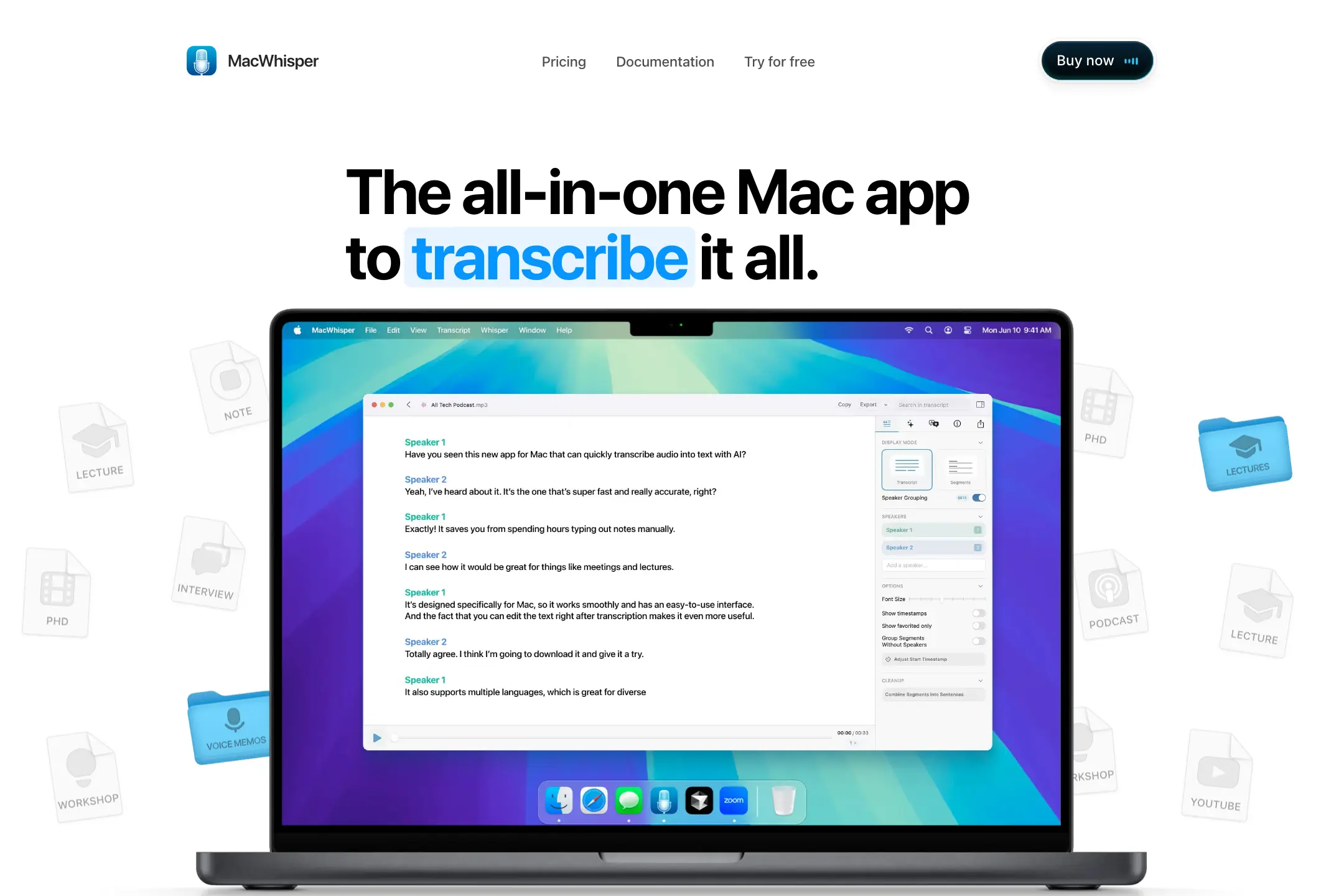 MacWhisper website showing the Mac transcription editor