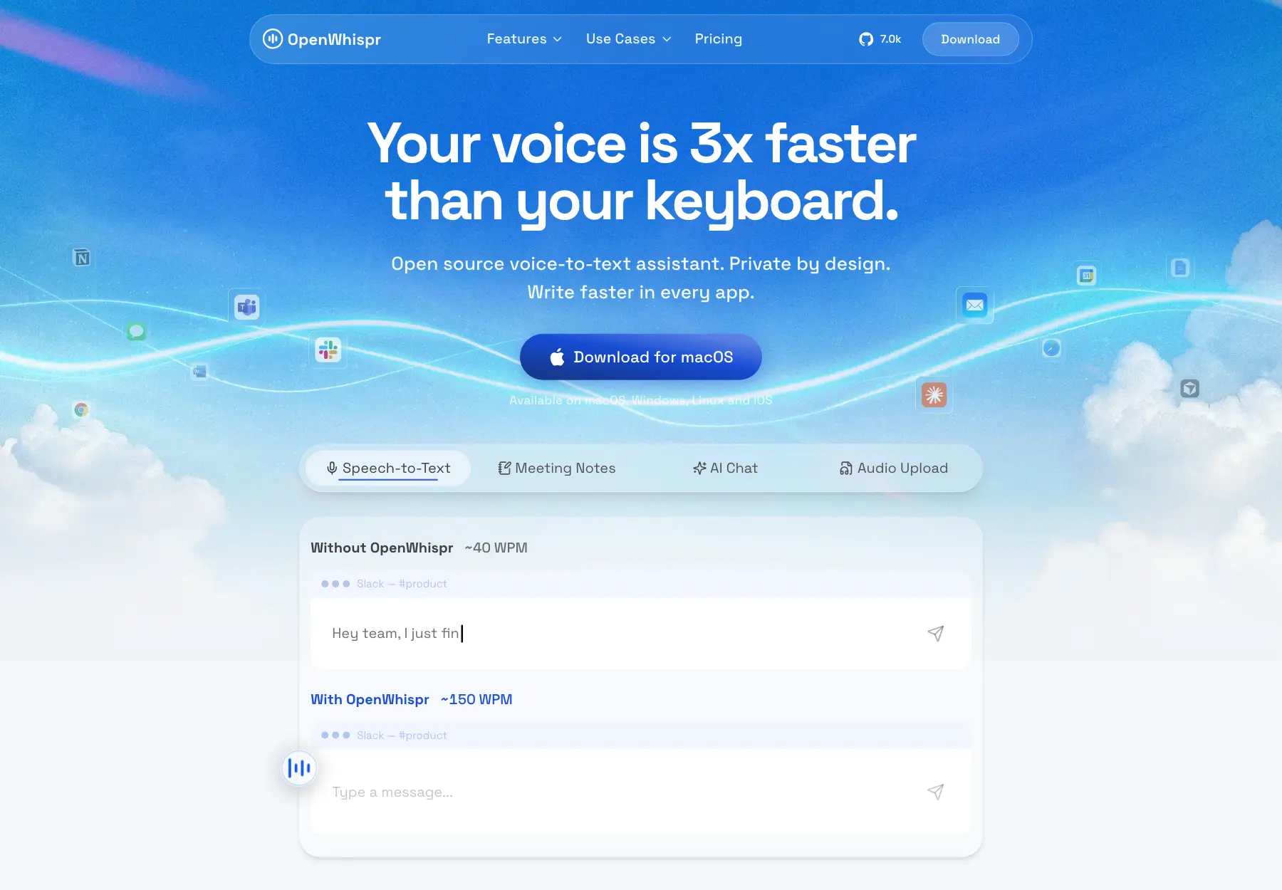 OpenWhispr website showing its speech-to-text input example
