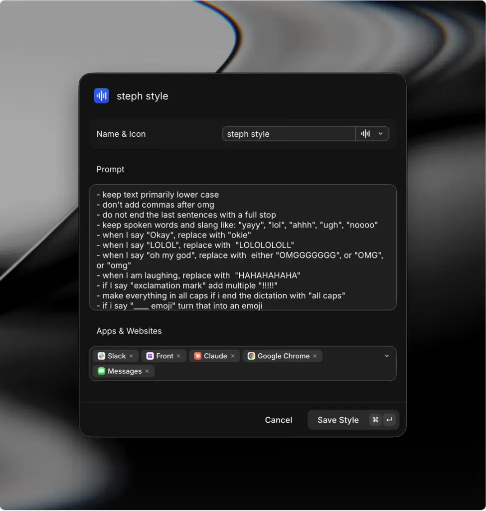 Raycast custom style dialog with formatting instructions and application rules