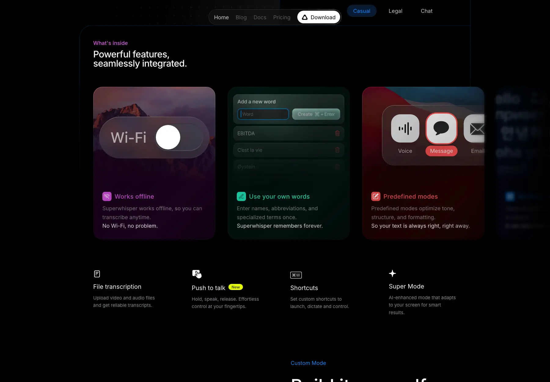 Superwhisper feature cards for offline processing, vocabulary and dictation modes