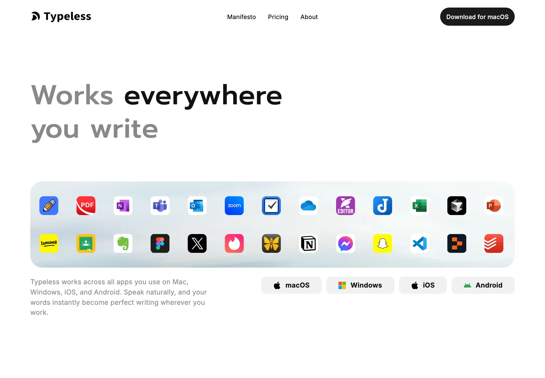 Typeless platform overview listing macOS, Windows, iOS and Android