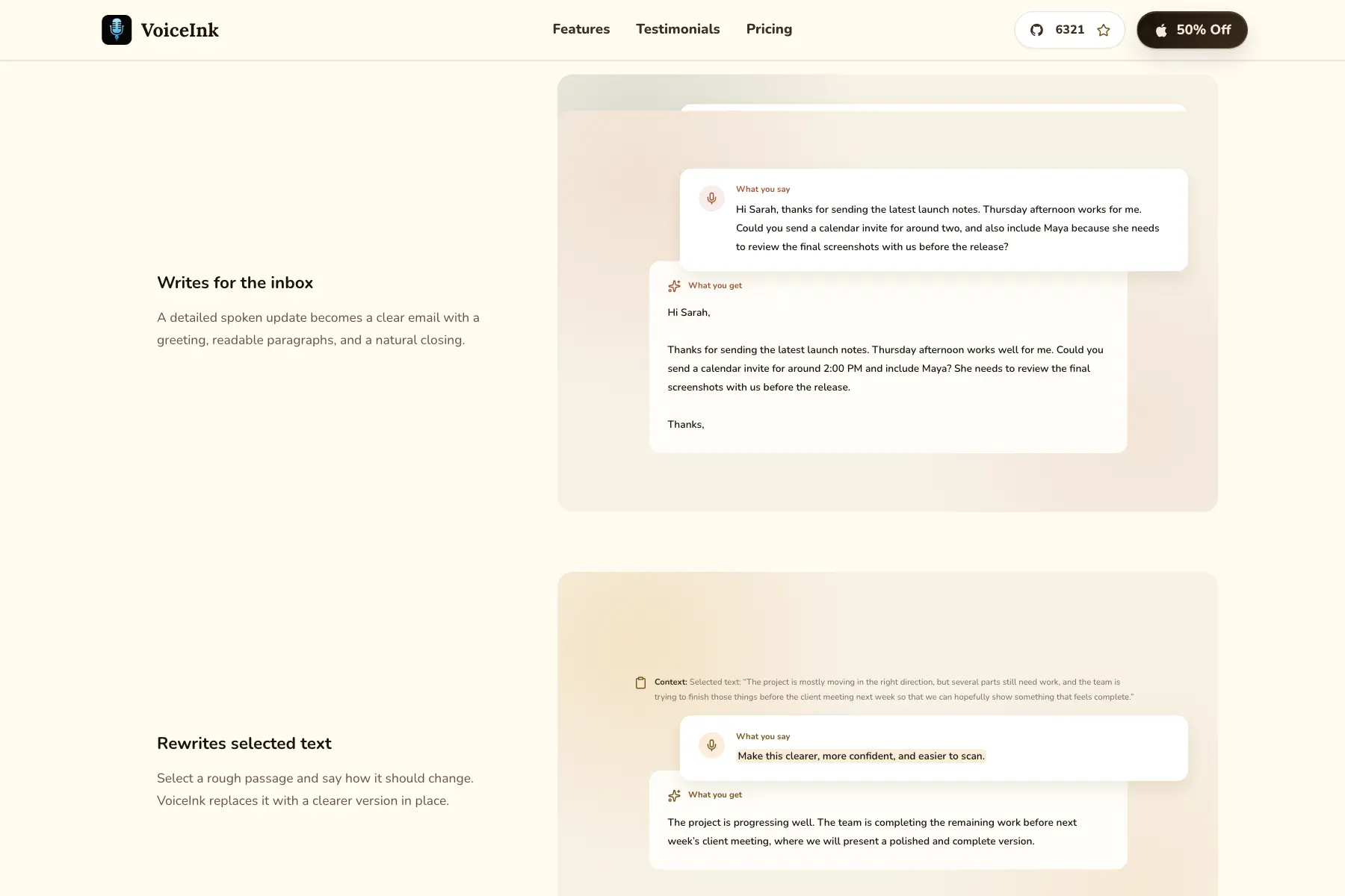 VoiceInk examples showing a spoken update formatted as email and a rewritten text selection
