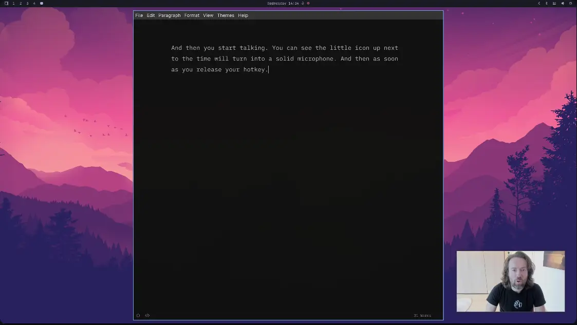 Voxtype demonstration inserting dictated text into a Linux editor