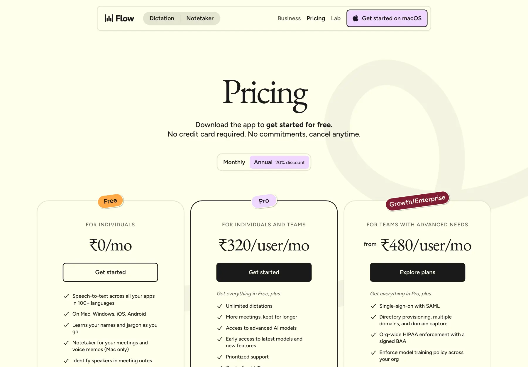 Wispr Flow pricing showing Free and Pro plans with regional annual billing