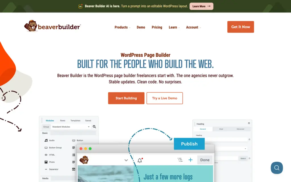 Beaver Builder homepage with the tagline Built for the people who build the web and a preview of its module panel