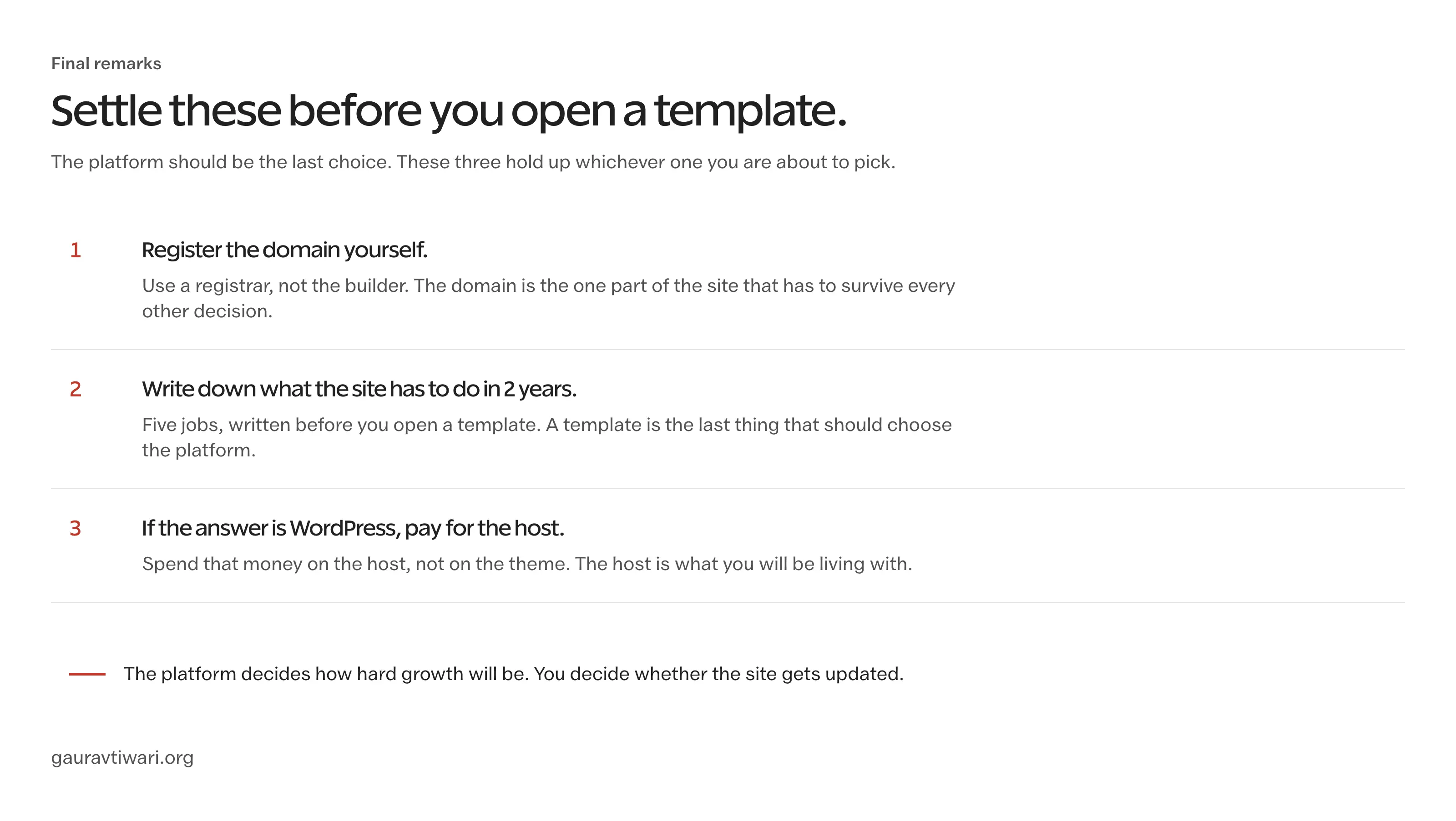 Three steps before choosing Wix, WordPress, or Squarespace: register the domain yourself, write what the site must do in 2 years, and pay for the host.