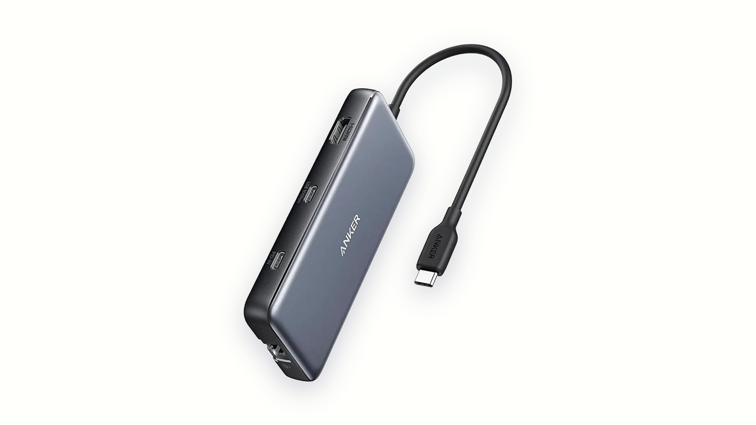 Anker 555 8-in-1 USB-C hub with its attached USB-C cable, HDMI and USB-C ports facing forward, on a warm ivory background