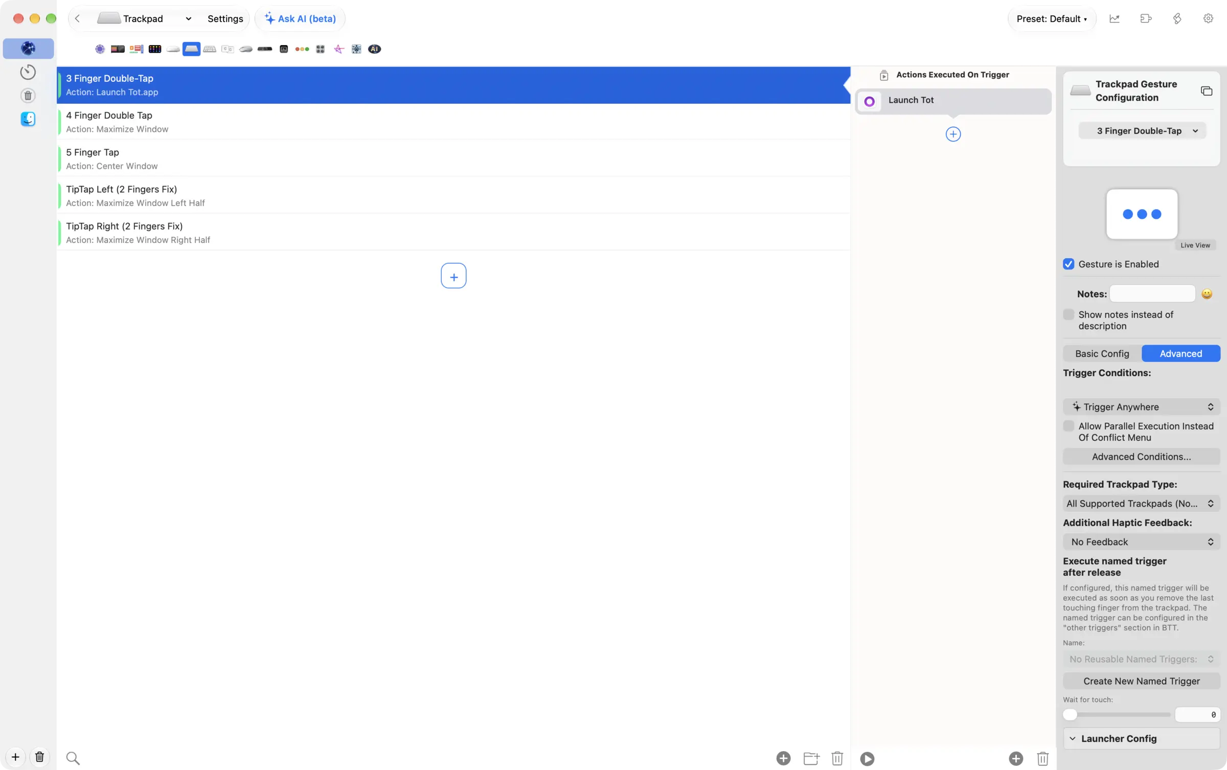 BetterTouchTool configuration window on the Trackpad tab listing five gestures: a 3-finger double-tap that launches Tot, a 4-finger double-tap that maximizes the window, a 5-finger tap that centers it, and TipTap left and right that snap the window to either half
