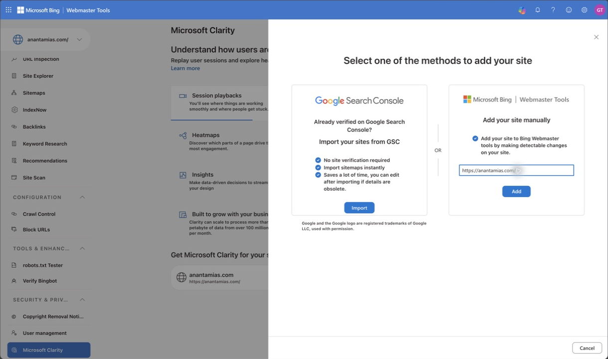 Bing Webmaster Tools offers Google Search Console import or manual site entry.