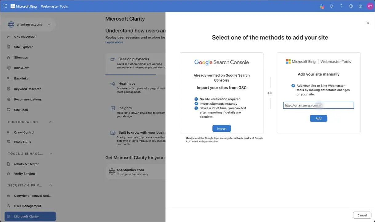 Bing Webmaster Tools offers Google Search Console import or manual site entry.