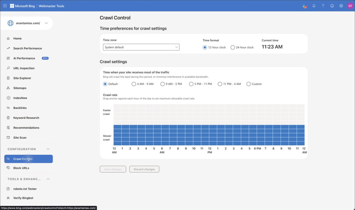 Crawl Control for Anantam IAS provides hourly preferences for Bingbot crawling.