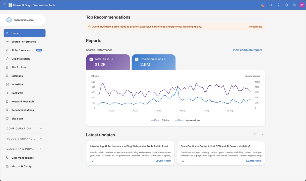 Anantam IAS property selected in Bing Webmaster Tools with reports and a top recommendation.