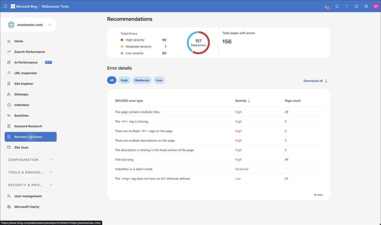 Bing Recommendations lists Anantam IAS SEO/GEO issues with severity and affected-page columns.