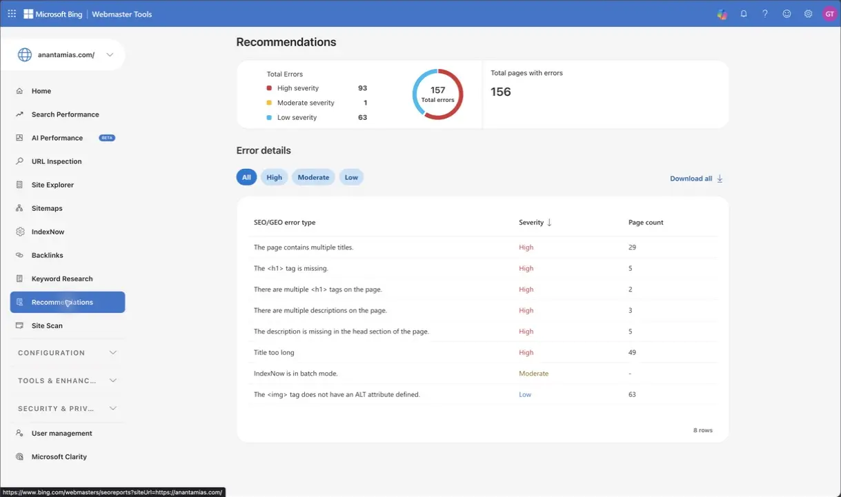 Bing Recommendations lists Anantam IAS SEO/GEO issues with severity and affected-page columns.
