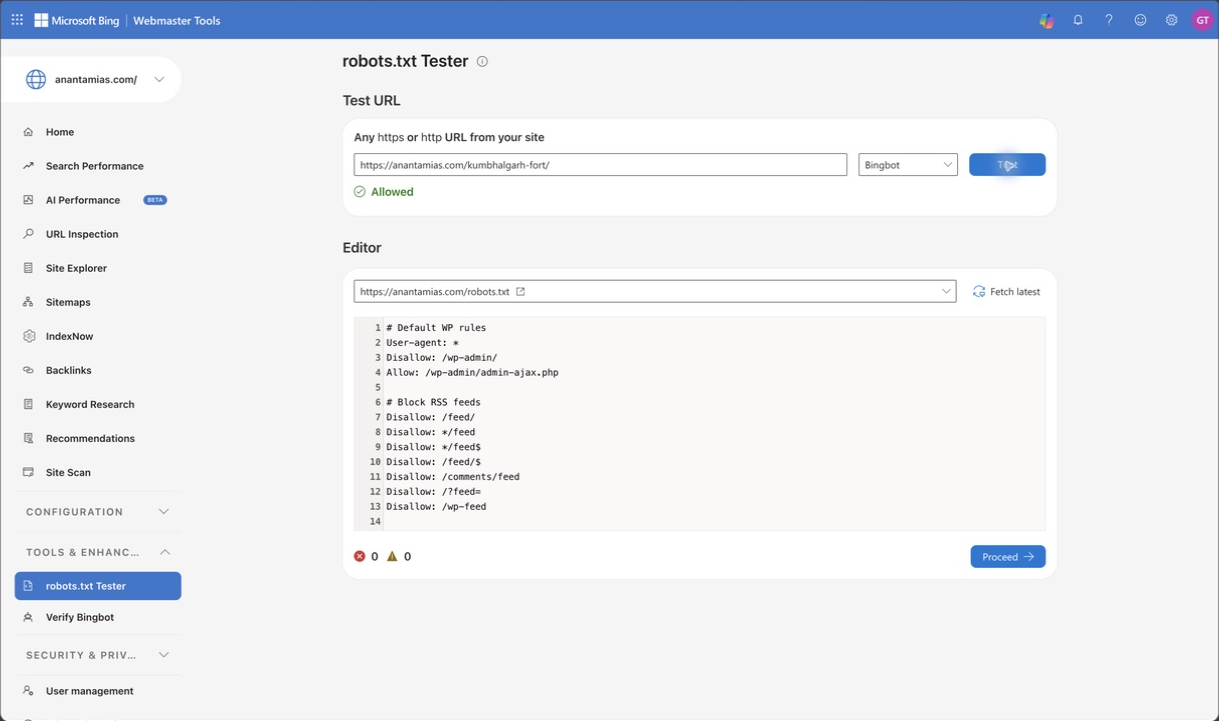 Bing robots.txt Tester evaluates the Kumbhalgarh Fort URL against Anantam IAS crawl rules.
