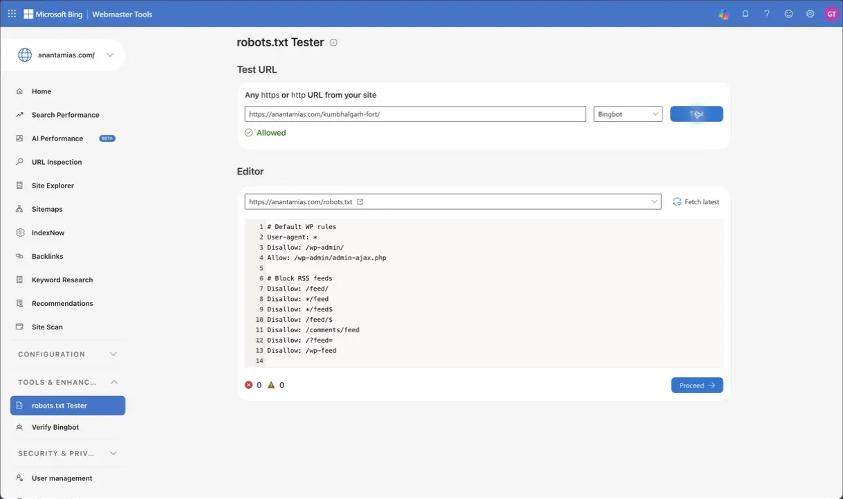 Bing robots.txt Tester evaluates the Kumbhalgarh Fort URL against Anantam IAS crawl rules.