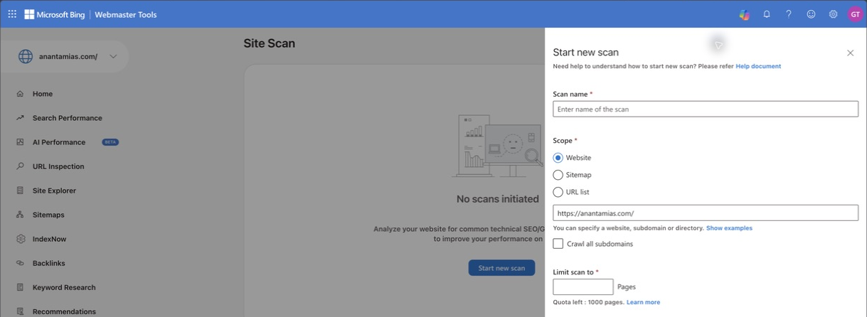 The Anantam IAS Site Scan form offers website, sitemap or URL-list scope and a page-limit field.