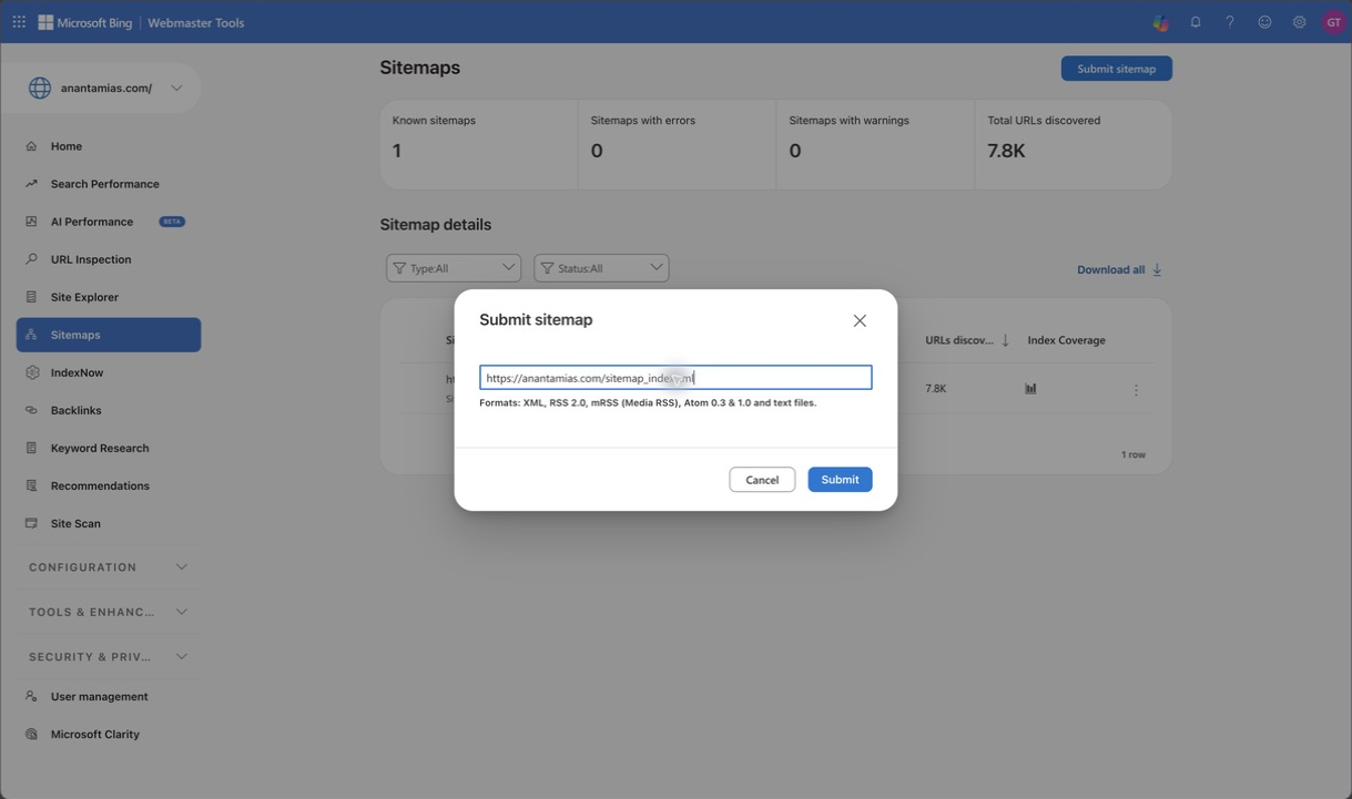 Submit sitemap dialog containing the Anantam IAS sitemap index URL.