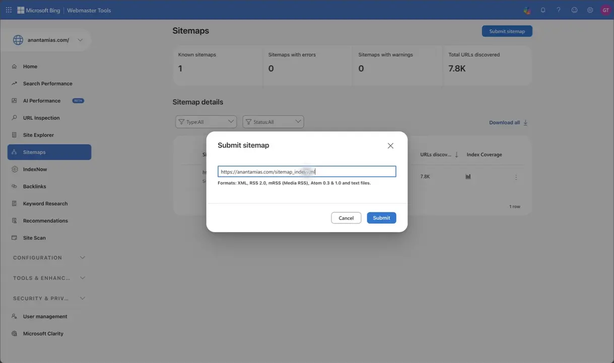 Submit sitemap dialog containing the Anantam IAS sitemap index URL.
