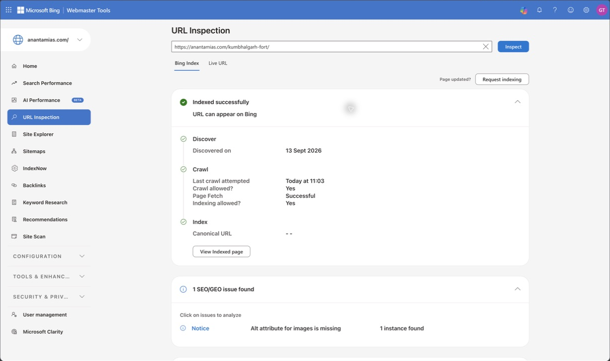 Bing URL Inspection for Kumbhalgarh Fort shows indexed status, crawl permission and fetch information.