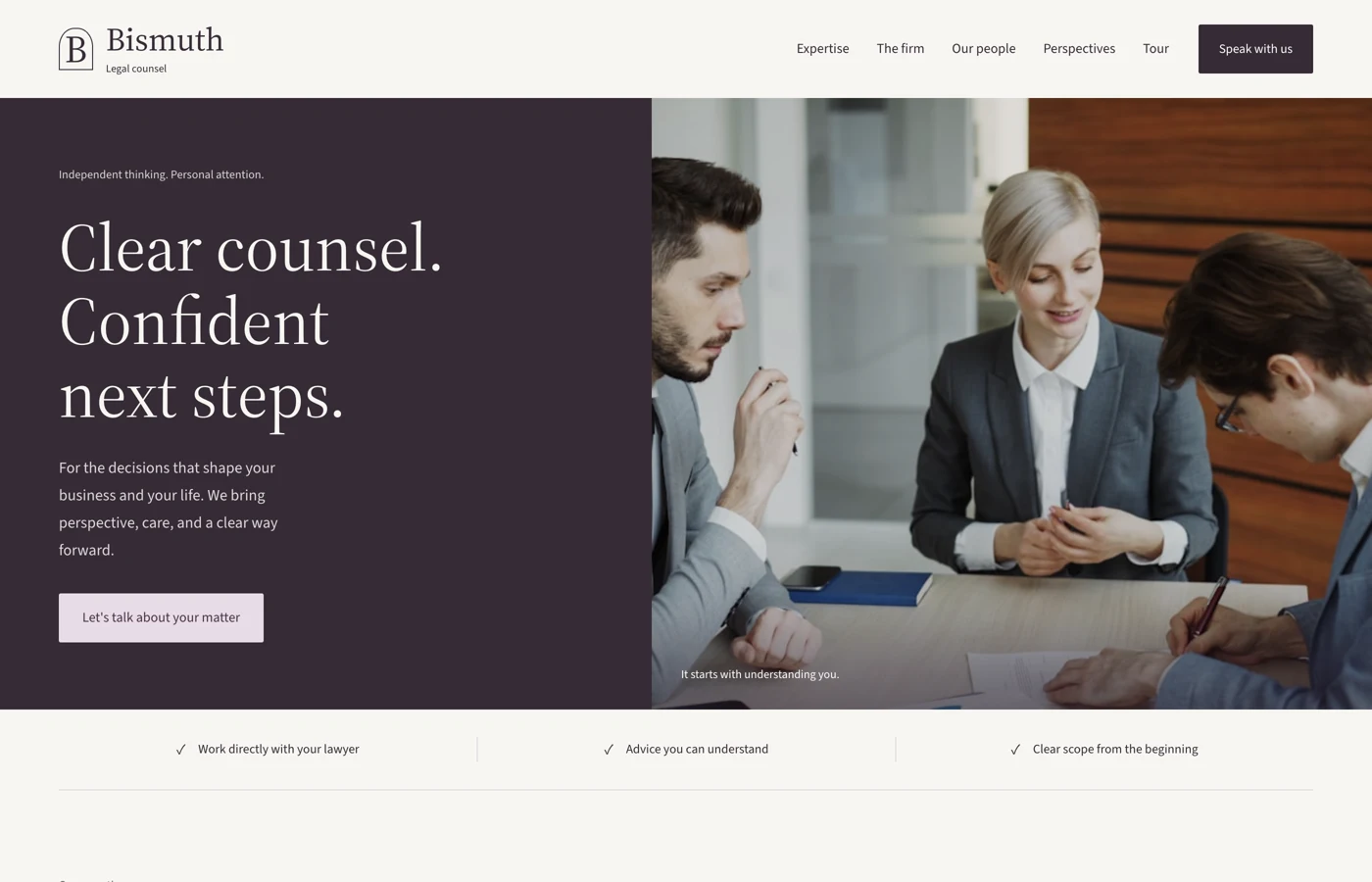Bismuth homepage with Source typography, a consultation photograph, and practice-area navigation