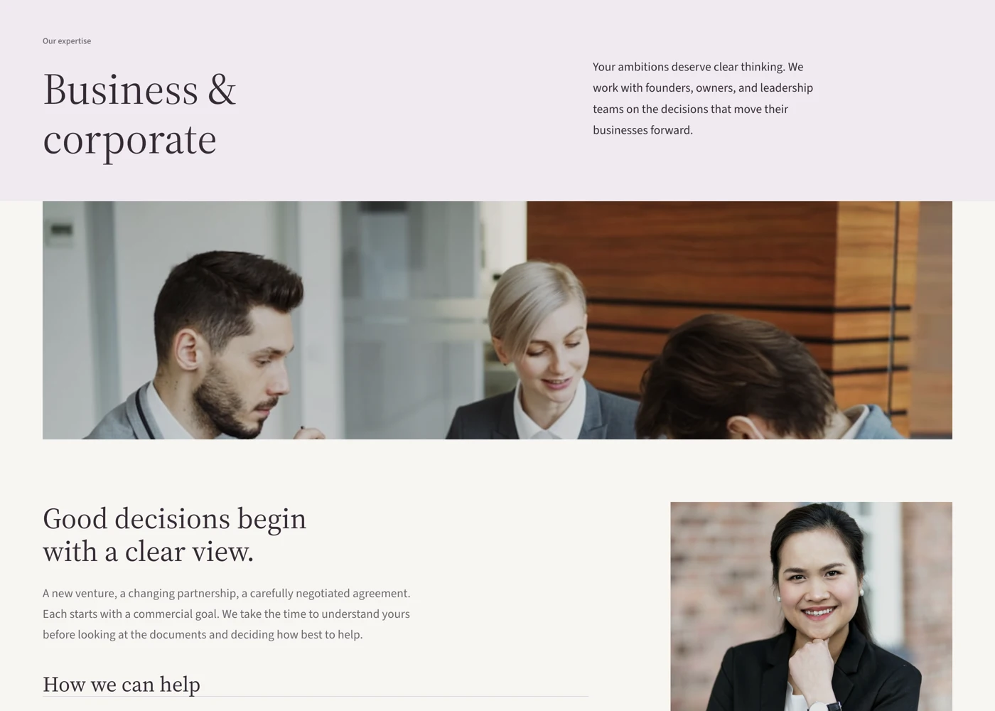 Bismuth business and corporate practice page, with an introduction, photograph, and lawyer contact panel
