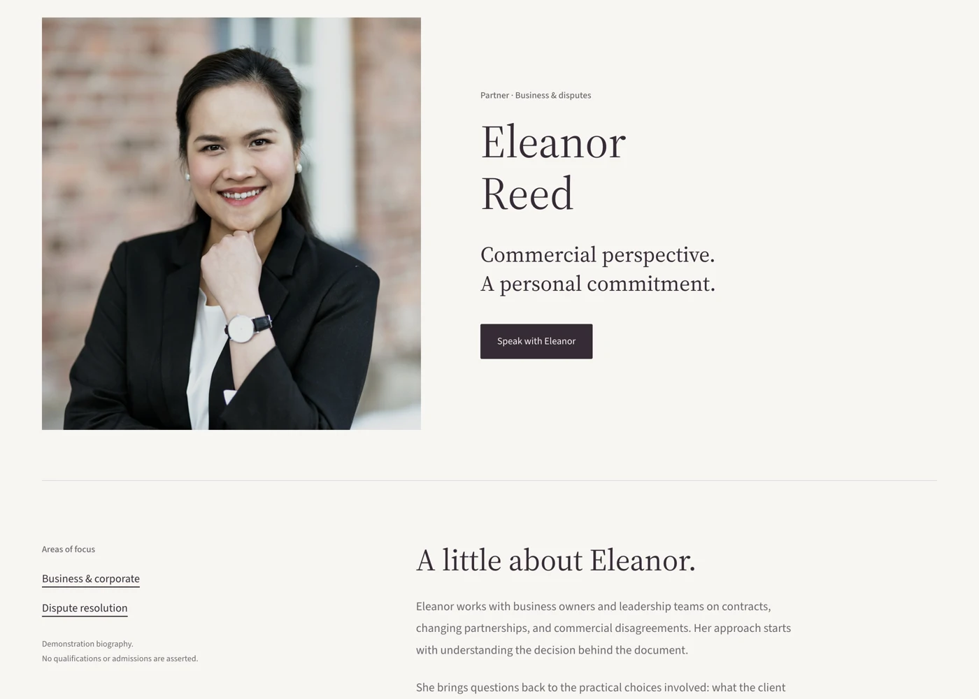 Bismuth lawyer profile with a portrait, introduction, areas of focus, and contact link