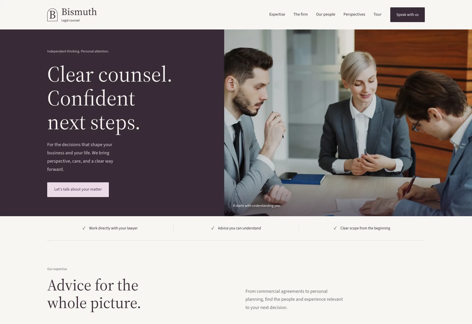 Bismuth's homepage in its Plum design, with a plum hero panel and serif headline beside a photo of a client meeting