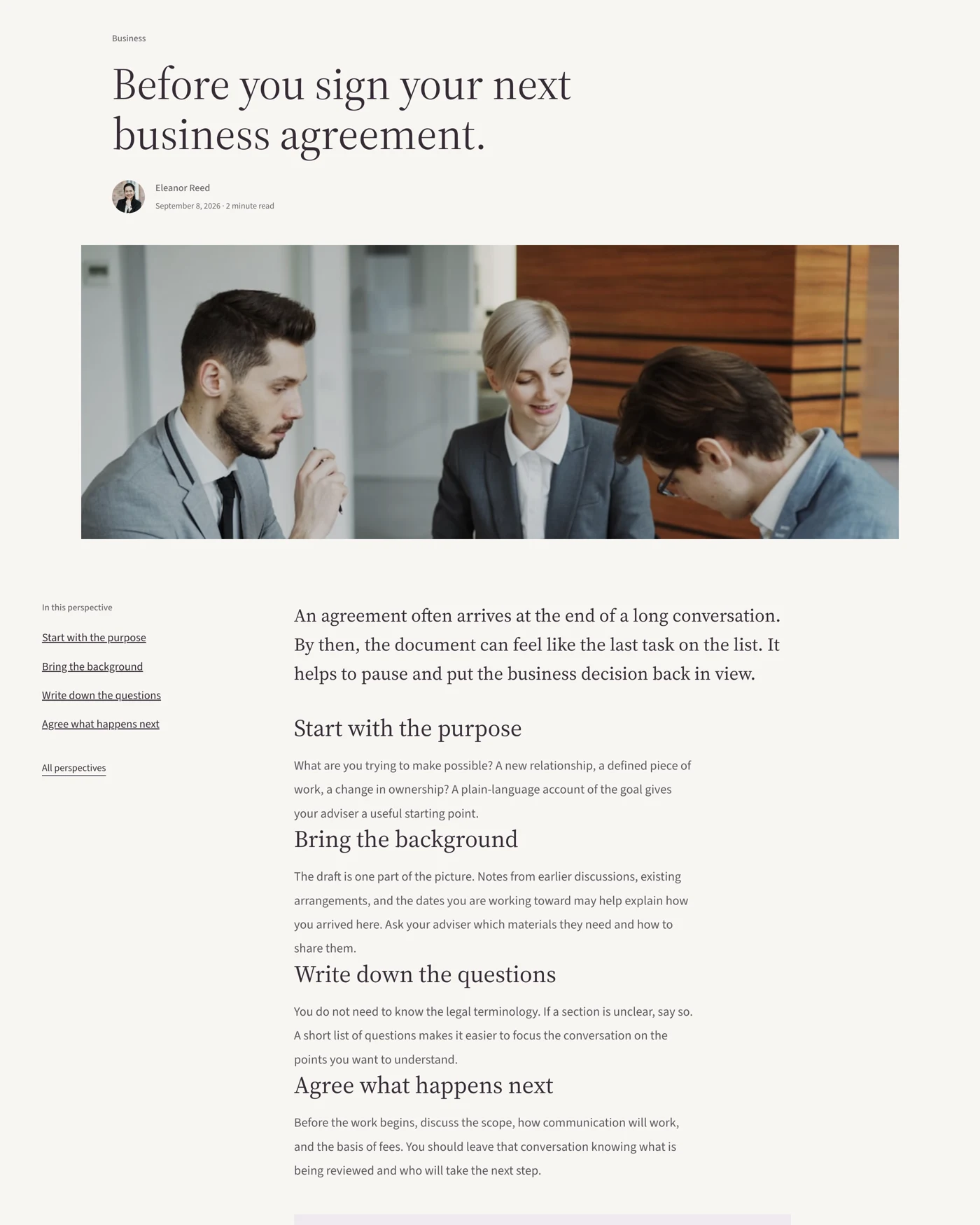 Business agreement article pattern in Bismuth's Plum design