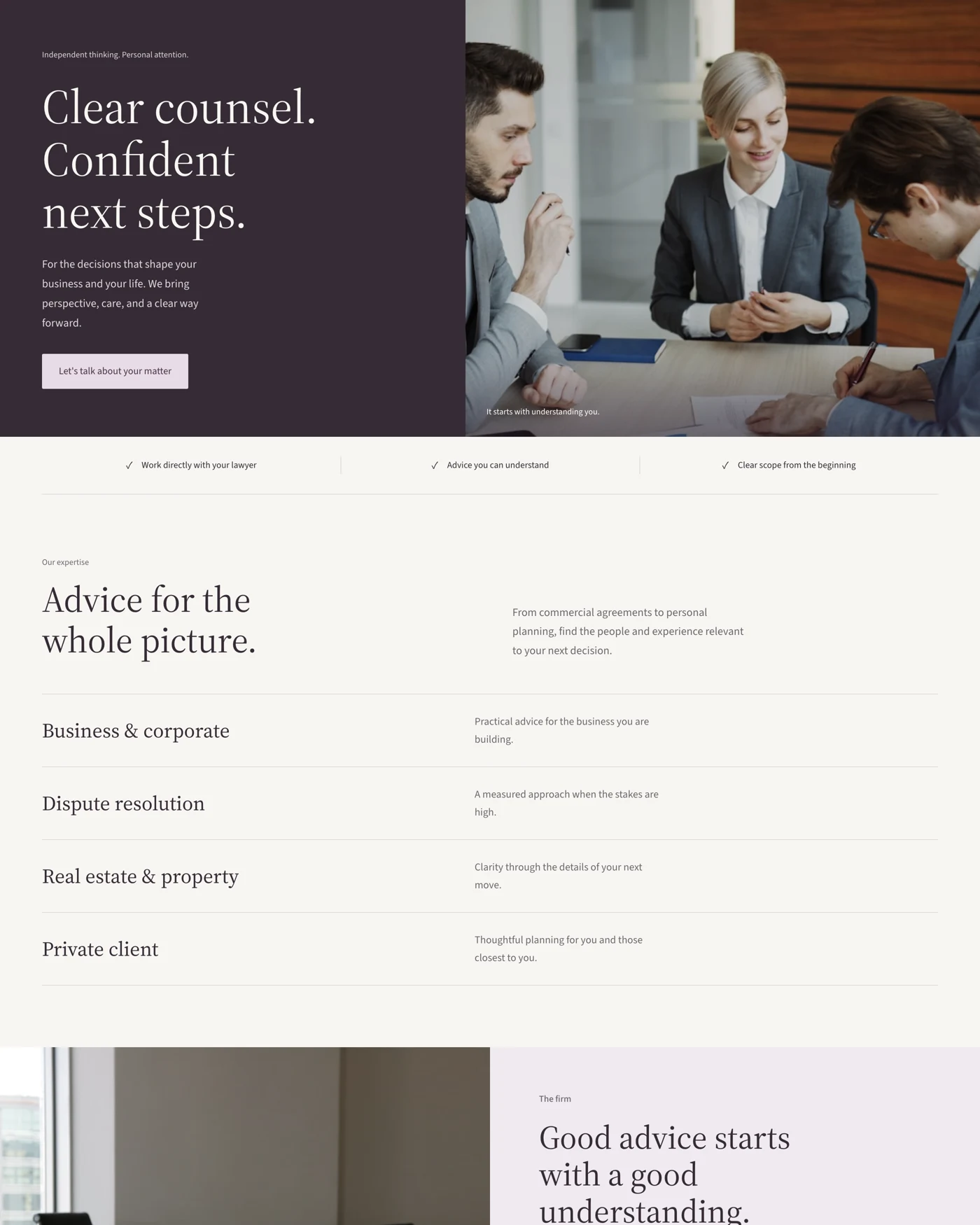 Firm homepage pattern in Bismuth's Plum design