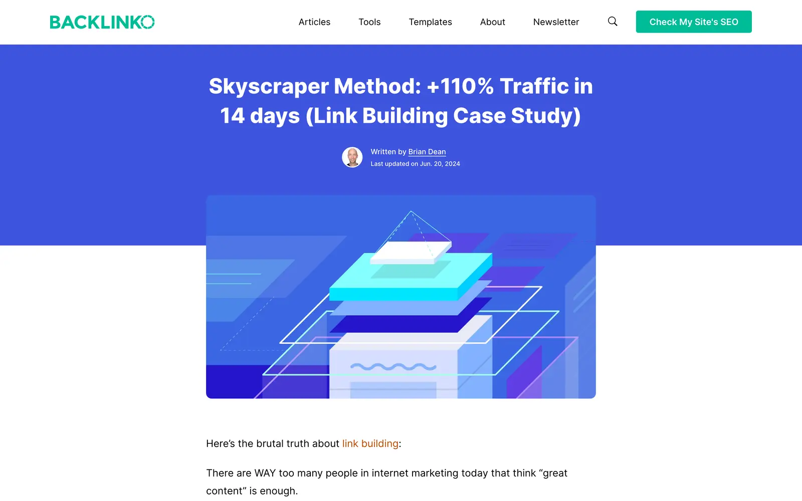 Top of Backlinko's Skyscraper Technique case study, with the result stated in the title and the byline
