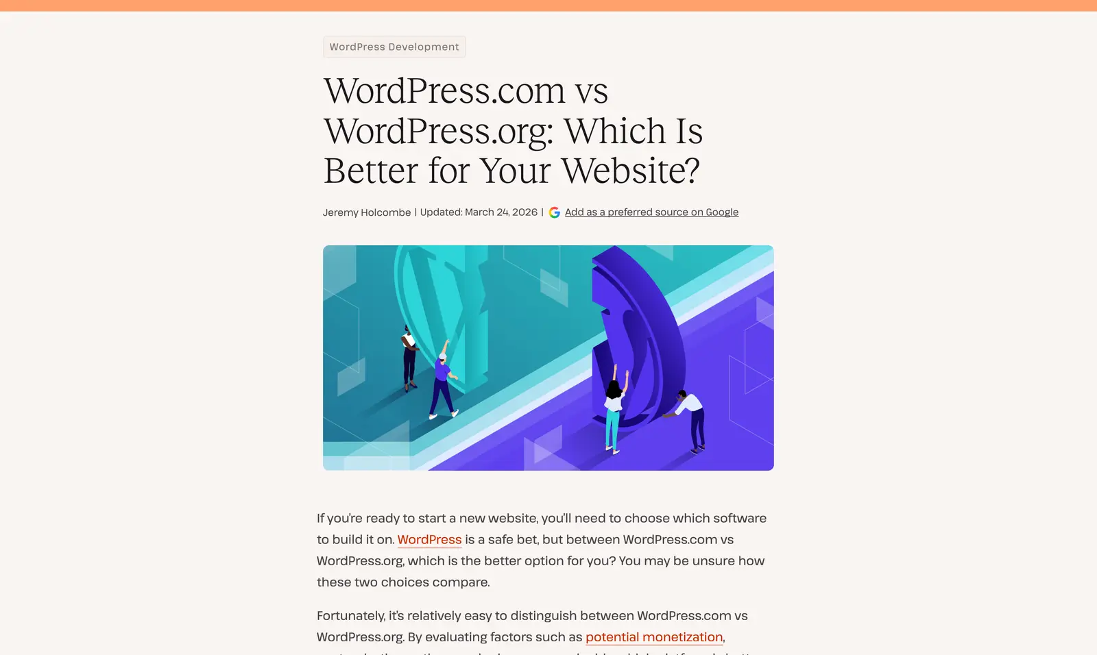 Top of Kinsta's WordPress.com vs WordPress.org comparison, with the title and the opening that frames the decision