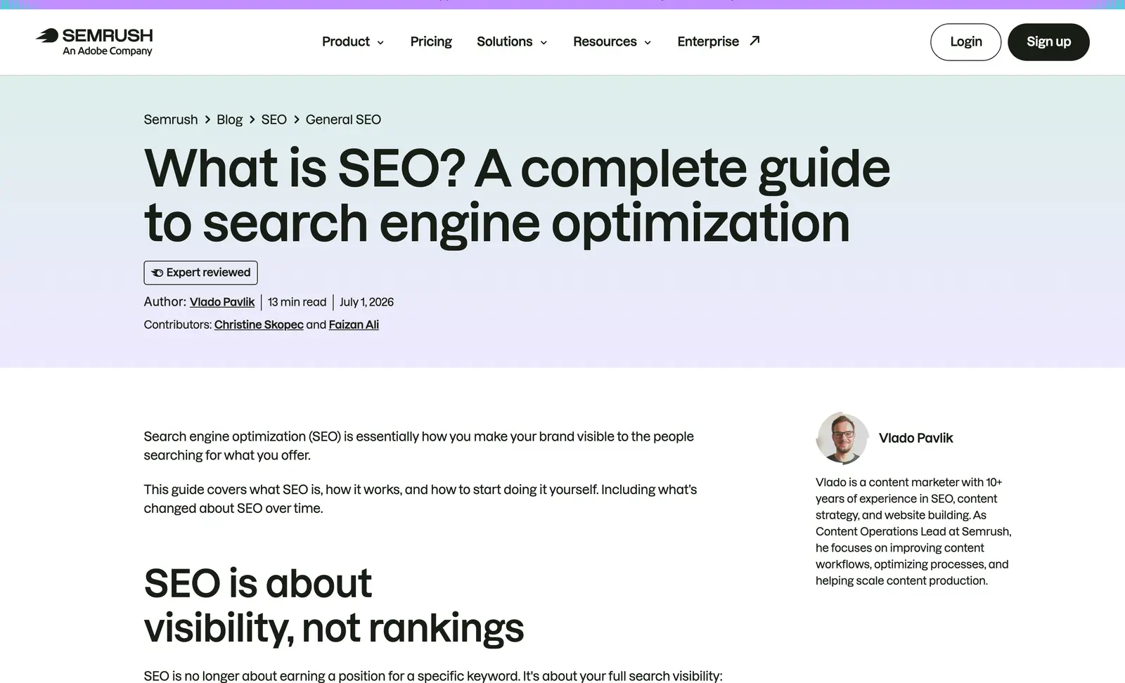 Top of Semrush's What is SEO explainer, with the title, the reading time and the one-line definition