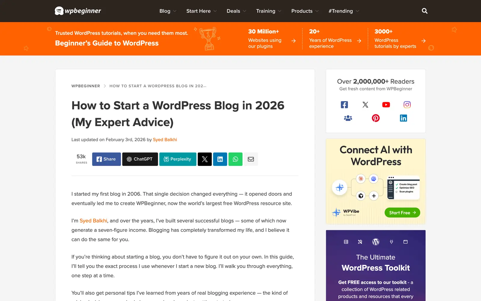 Top of WPBeginner's guide to starting a WordPress blog, with the title, the author byline and last-updated date, and the opening lines