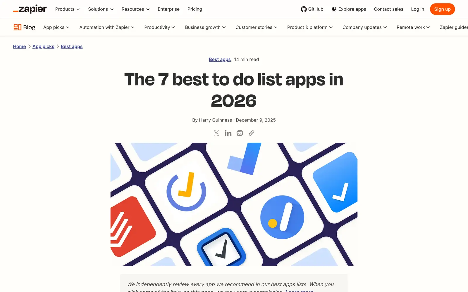 Top of Zapier's roundup of the best to do list apps, with the title, the byline and the opening paragraph